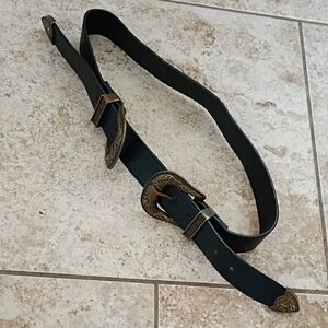 Elegant Black Leather Belt with Gold Buckles